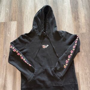 Black Roxy Floral-Trim Hoodie-XL